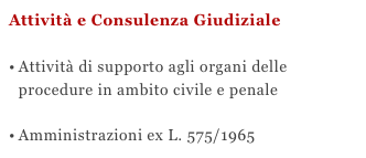 Attività e Consulenza GiudizialeAttività di supporto agli organi delle procedure in ambito civile e penale

Amministrazioni ex L. 575/1965